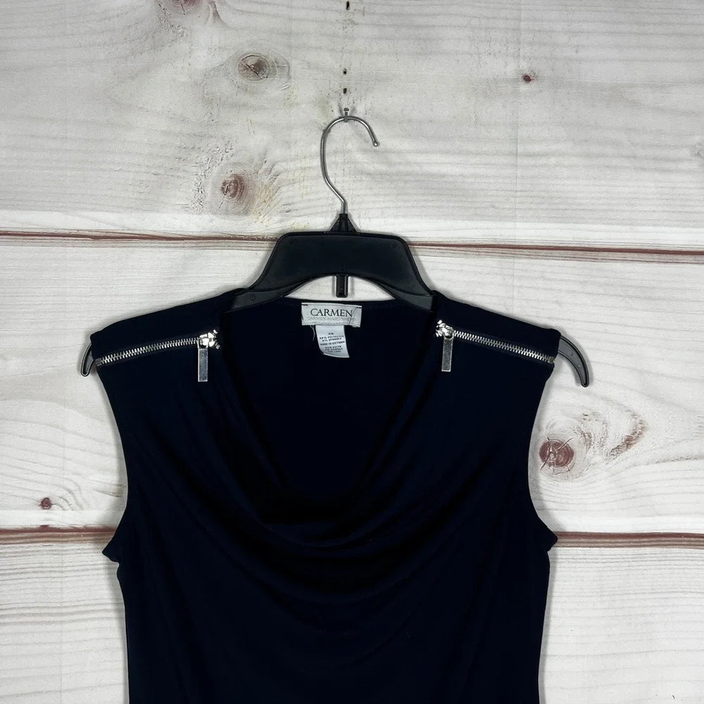 Carmen Marc Valvo Cowl Neck Blouse Women XS Blue Zipper Shoulder Sleeveless Top - Picture 5 of 8